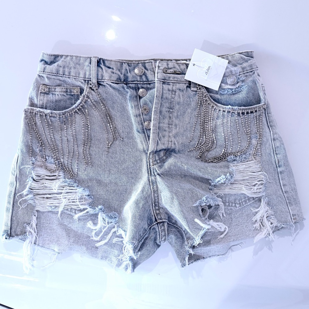 NWT Rhinestone Embellished Light Blue Denim Shorts